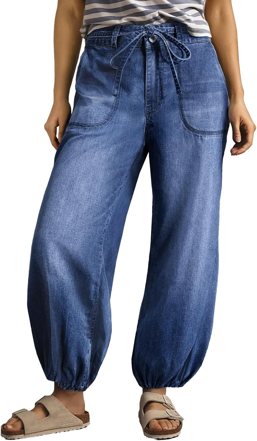 Sidefeel Women's Wide Leg Jeans High Waisted Drawstring Baggy Stretchy Trendy Harem Loose Ankle Denim Pants | Amazon (US)