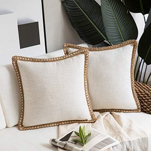 Amazon.com: Phantoscope Pack of 2 Farmhouse Decorative Throw Pillow Covers Burlap Linen Trimmed T... | Amazon (US)