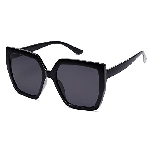SOJOS Horned Rim Thick Sunglasses for Women Trendy Oversized Black Modern Hipster Fashion Shades SJ2161 with Black Frame/Grey Lens | Amazon (US)
