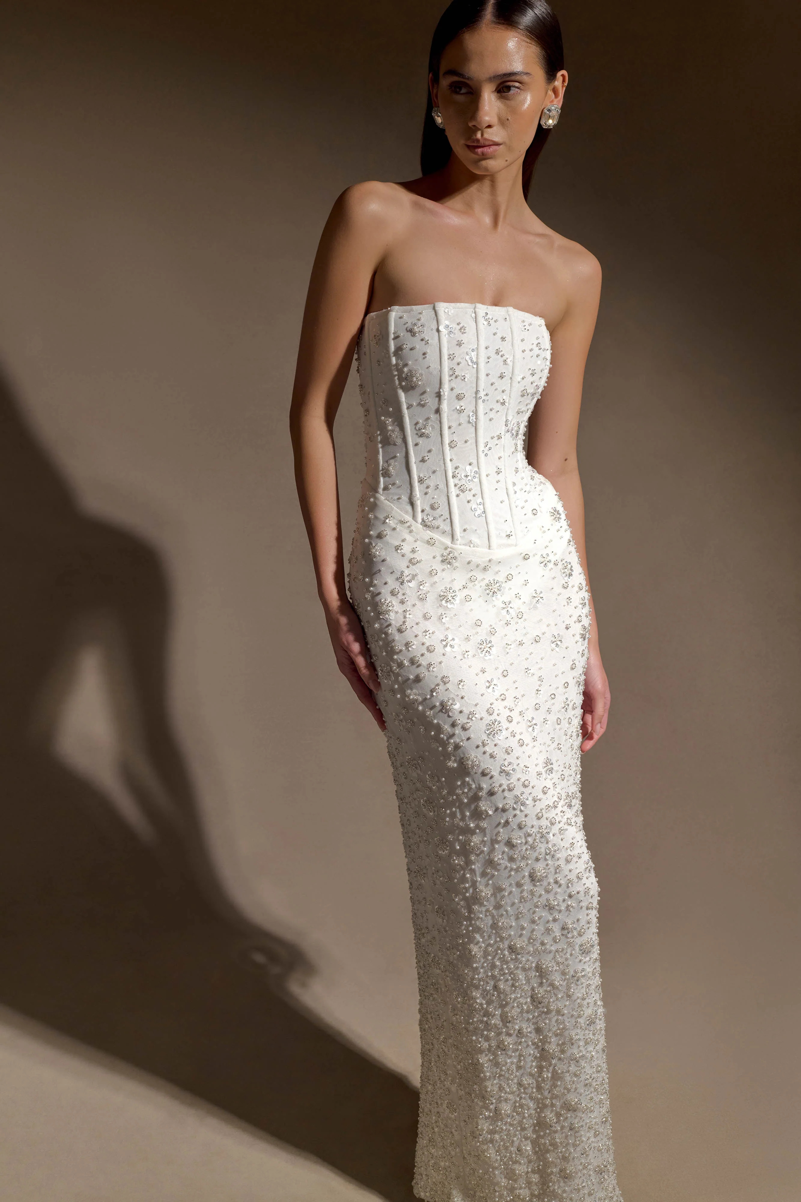 Gemma Strapless Embellished Maxi Dress - Ivory | MESHKI US