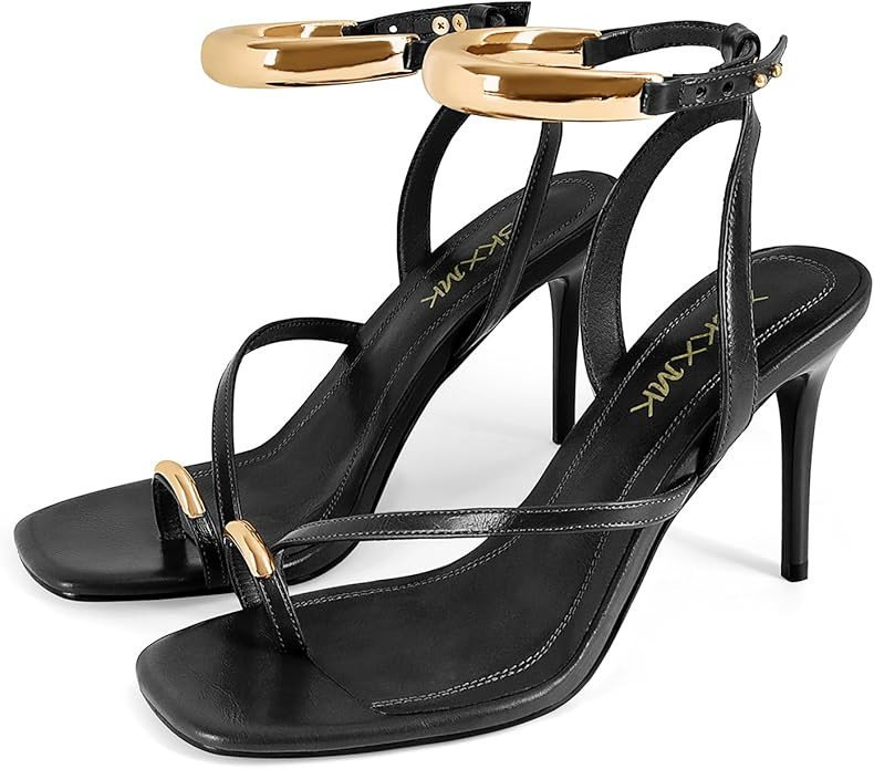 Amazon.com | XBKXMK Black Strappy Heels for Women Toe Ring Sandals Slingback Stiletto Heels Summe... | Amazon (US)