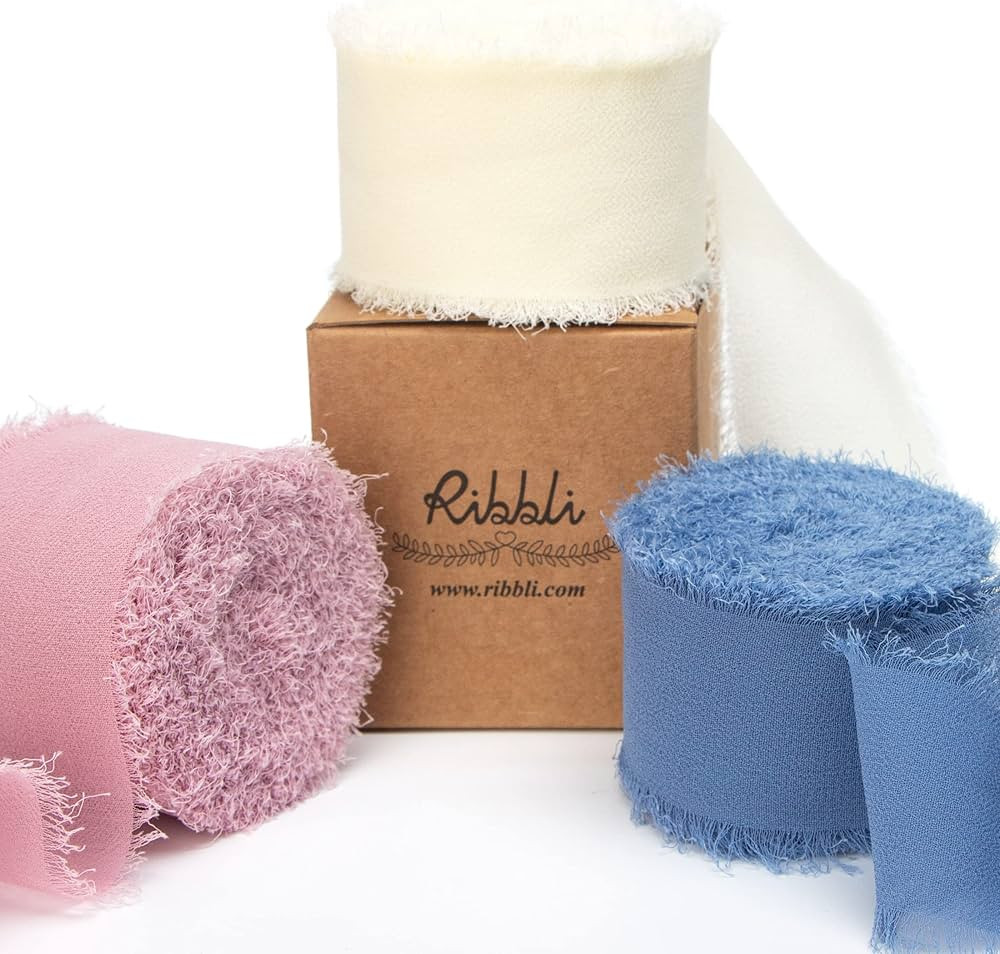 Ribbli Chiffon Ribbon 1.5 inch x 30 Yard Handmade Silk Ribbon, Ivory/Dusty Rose/Dusty Blue Fringe... | Amazon (US)