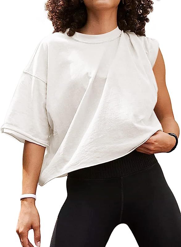 ELGOGY Women's Oversize Workout Crop Tops Short Sleeve Crewneck Drop Shoulder Boxy T Shirts Summe... | Amazon (US)