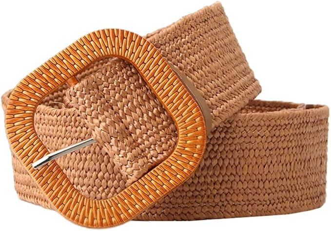 Straw Woven Elastic Stretch Waist Belt Fashion Boho Ladies Braided Skinny Dress Belts Wood Buckle... | Amazon (US)