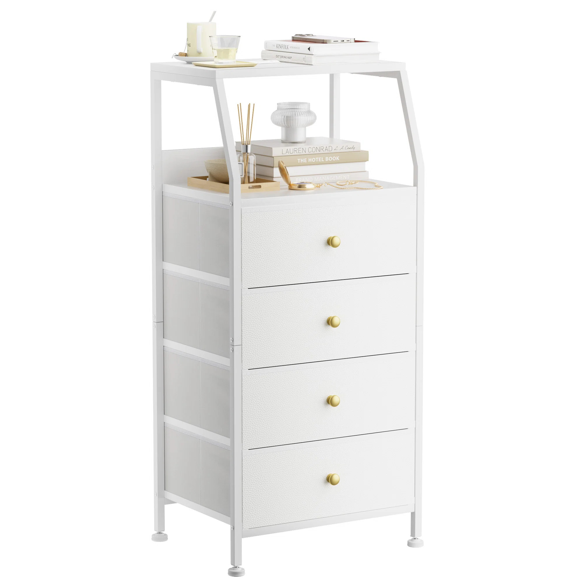 Nichollas 4 - Drawer Dresser White Nightstand with 4 Fabric Storage Drawers, Small Dresser for Be... | Wayfair North America