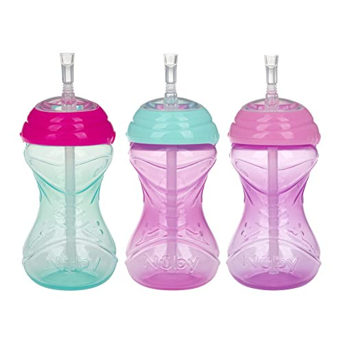 Nuby 3 Piece No-Spill Easy Grip Cup with Flex Straw, Clik It Lock Feature, Girl, 10 Ounce | Amazon (US)