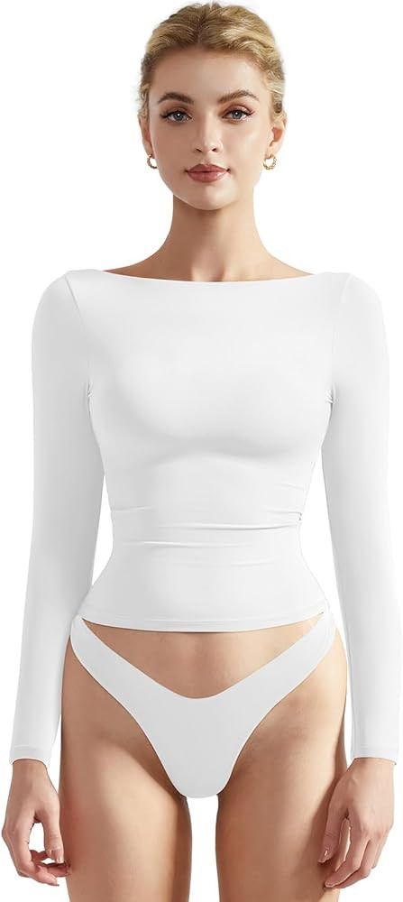 SUUKSESS Women Crew Neck Long Sleeve T Shirts Double Lined Tight Fitted Crop Top | Amazon (US)