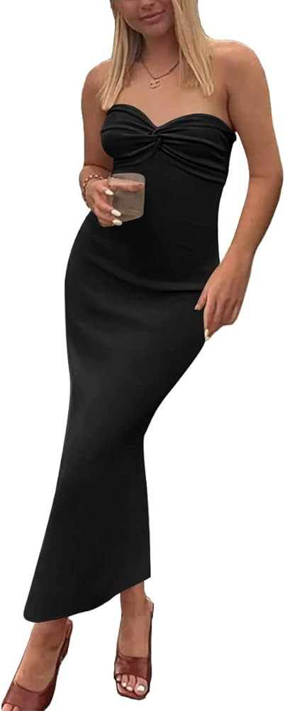 Women's 2023 Knitted Dresses Sexy Twisted Front Strapless Midi Bodycon Dress with Back Slit | Amazon (US)