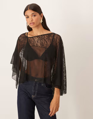ASOS DESIGN asymmetric sheer lace cape top in black | ASOS (Global)
