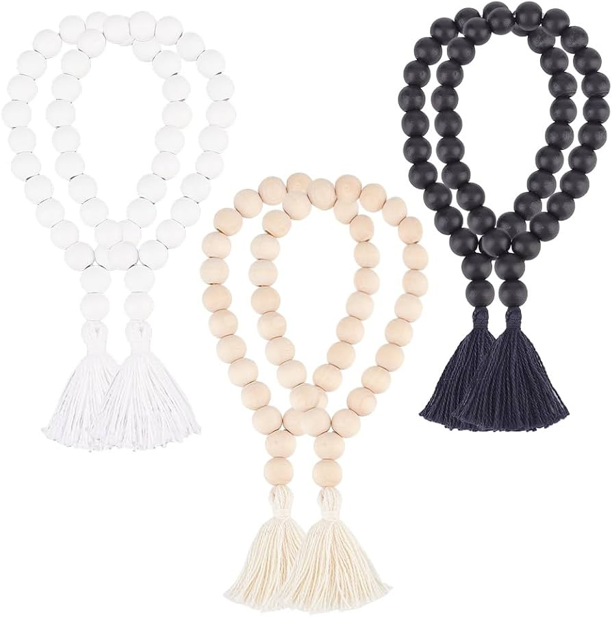 OLYCRAFT 6Pcs Wood Beads Garland with Tassels 7.1 Inch Long Farmhouse Tassels Beads 3 Color Boho ... | Amazon (US)