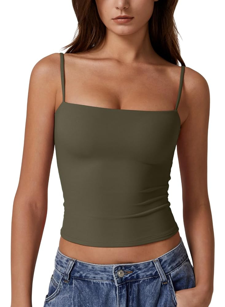 QINSEN Women's Double Lined Basic Tank Top Adjustable Spaghetti Straps Sleeveless Camisole Shirts | Amazon (US)