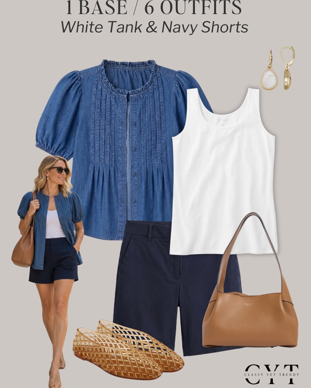 1 Base, 6 Outfits: Summer Edition 🎉 6 ways to wear two classic and timeless wardrobe staples: white tank and navy shorts (or black shorts) ✔️ Mix and match lightweight tops, shoes and accessories to create different looks. 

how to style, outfit ideas, elevated outfit, wardrobe essentials, chambray, button down shirt, casual sneakers, jelly flats, slide sandals, sandal heels, strap sandals

#summerstyle #summeroutfits #howtowear #stylinginspo #styletips