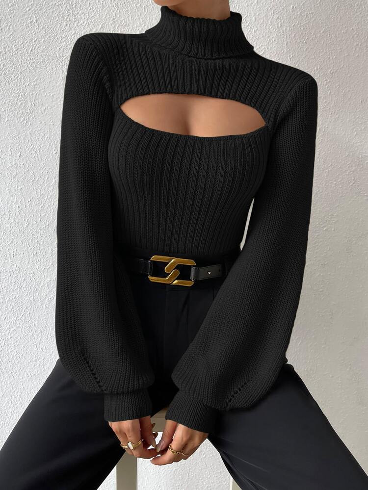 Turtleneck Cut Out Eyelet Detail Sweater | SHEIN