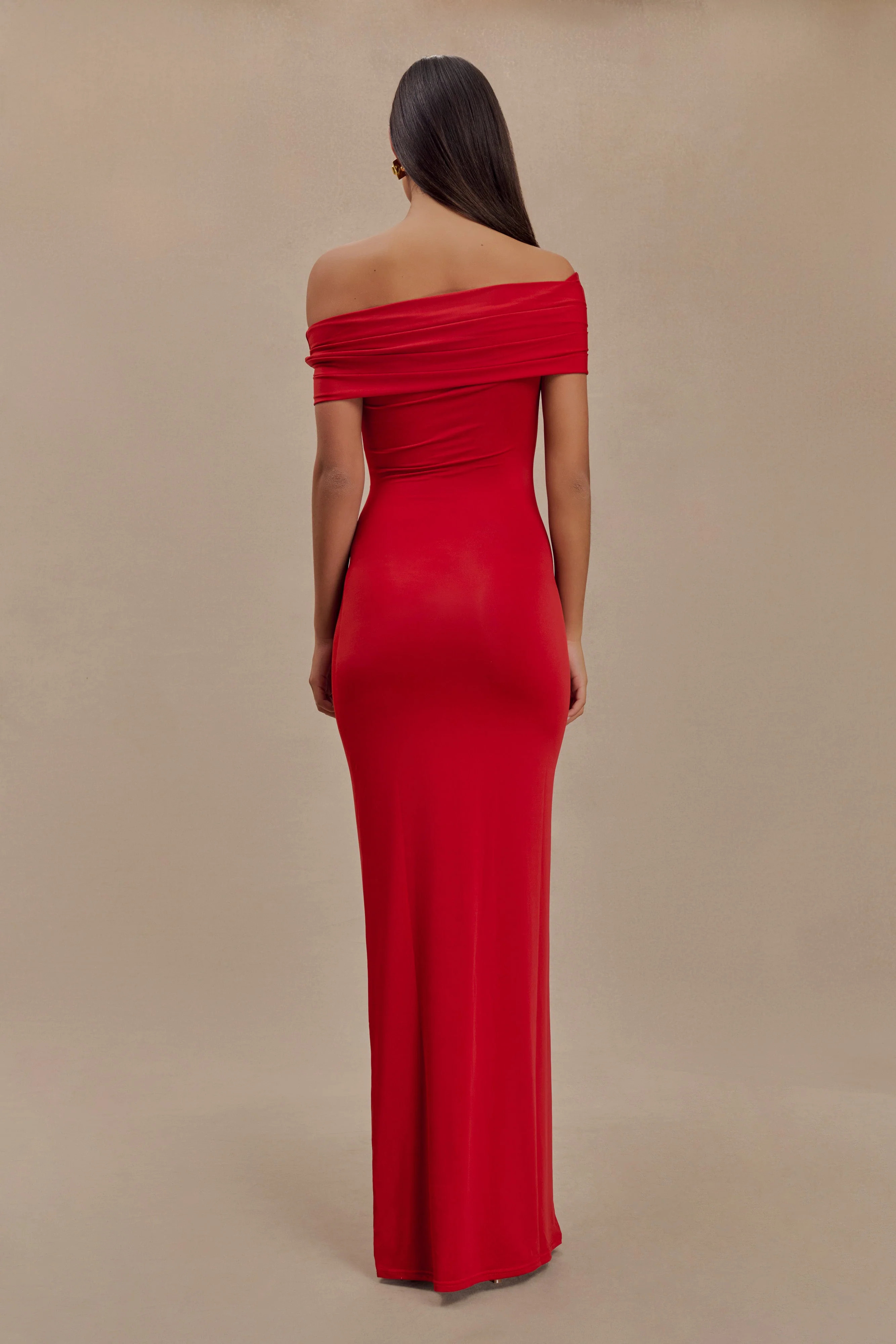 Off Shoulder Slinky Maxi Dress - Red | MESHKI US