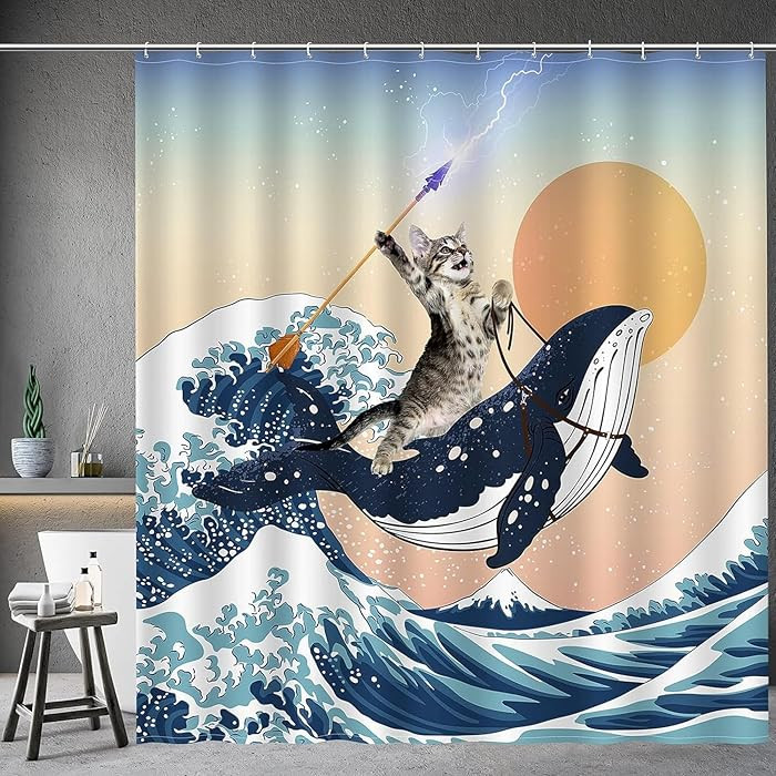 Funny Shower Curtain Brave Cat Holding Trident Arrow Riding Shark in Ocean Wave, Whale Cat Shower... | Amazon (CA)