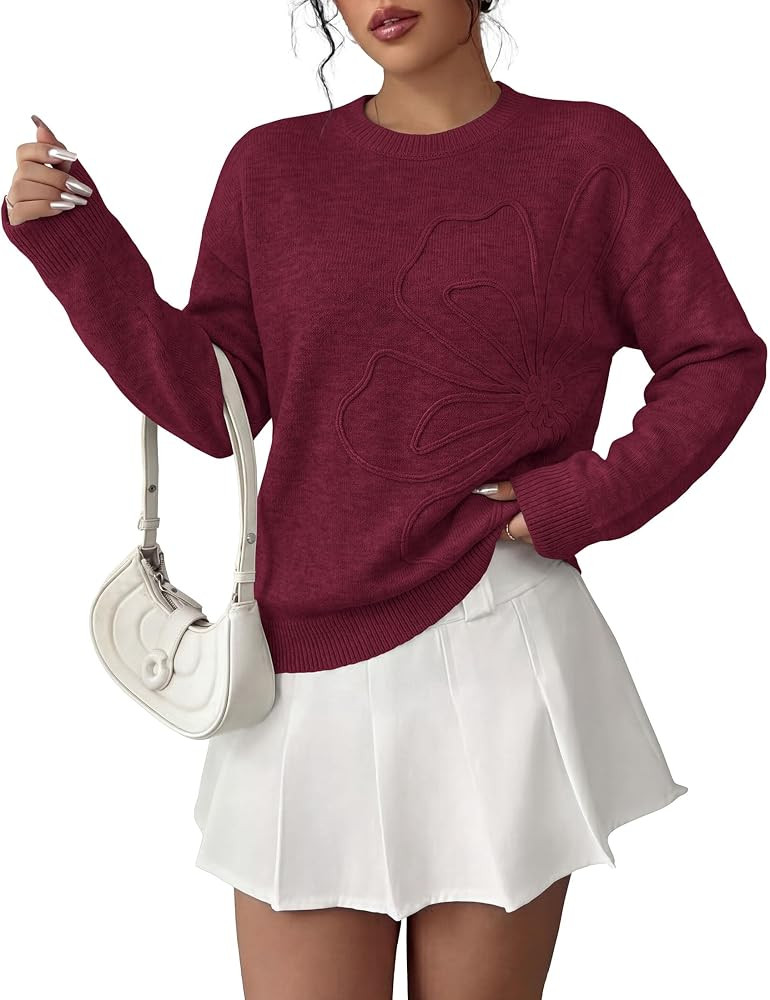 3D Flower, Crew Neck Long Sleeve Pullover, Cozy Fall Fashion Shirts, Casual Winter Layering Cloth... | Amazon (US)