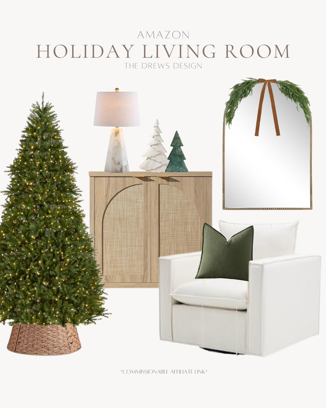 Styled holiday living room includes arched mirror, holiday swag, accent chair, green pillow, green marble tree, table lamp, white teee, tree collar, and Christmas tree.

Holiday home, neutral holiday decor, Christmas decor, neutral Christmas 

#LTKHoliday #LTKHome #LTKSeasonal