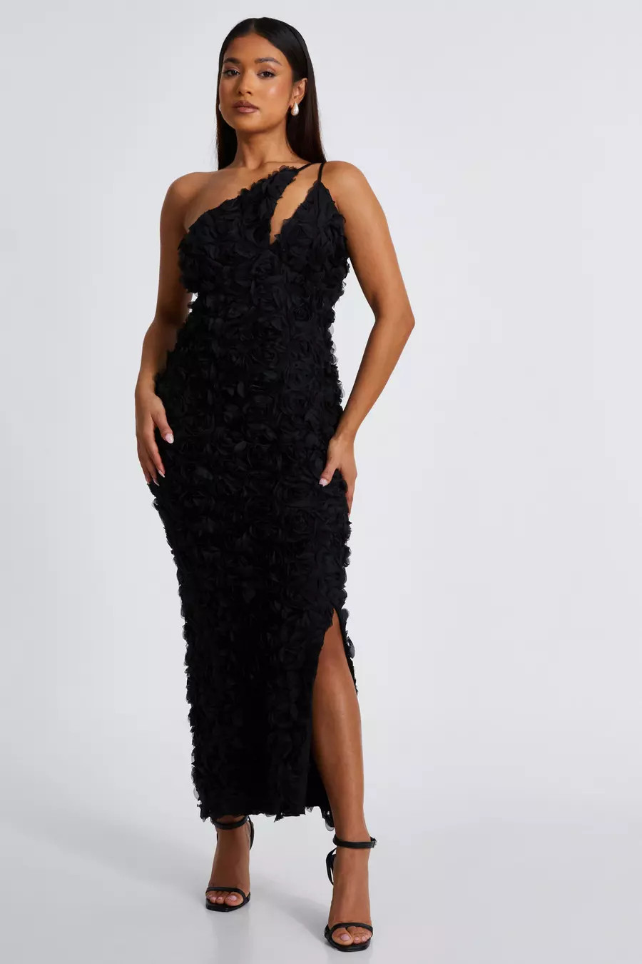 Petite Black One Shoulder Floral Maxi Dress | Quiz Clothing