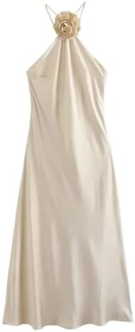 Women Summer Off Shoulder Halter Backless Elegant Party Sexy Evening Flower Satin Long Dress | Amazon (US)