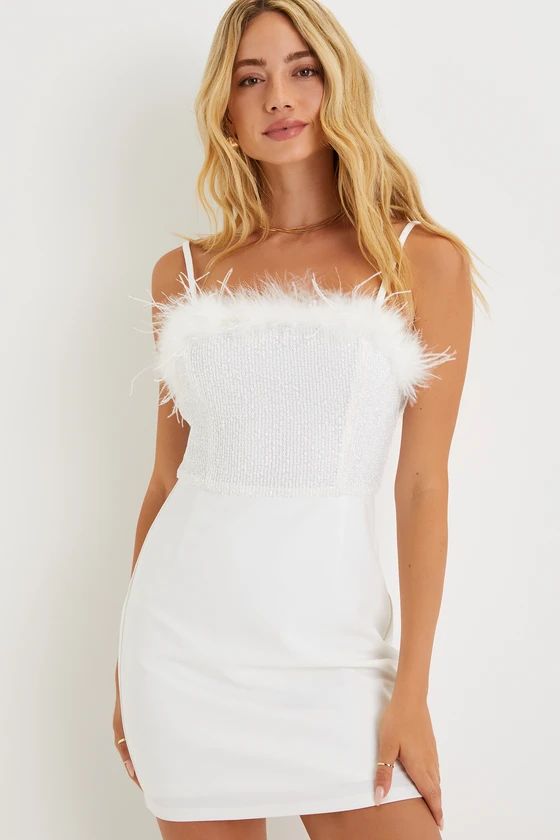 Stunning Energy White Sequin Feather Bodycon Mini Dress | Lulus (US)