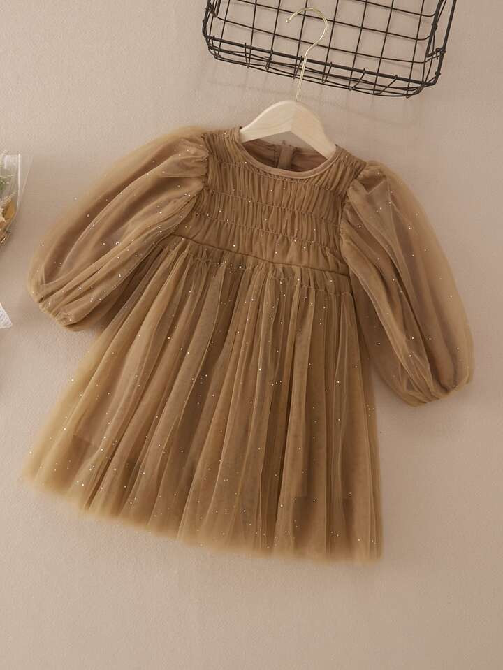 Young Girl Puff Sleeve Mesh Overlay Smock Dress | SHEIN