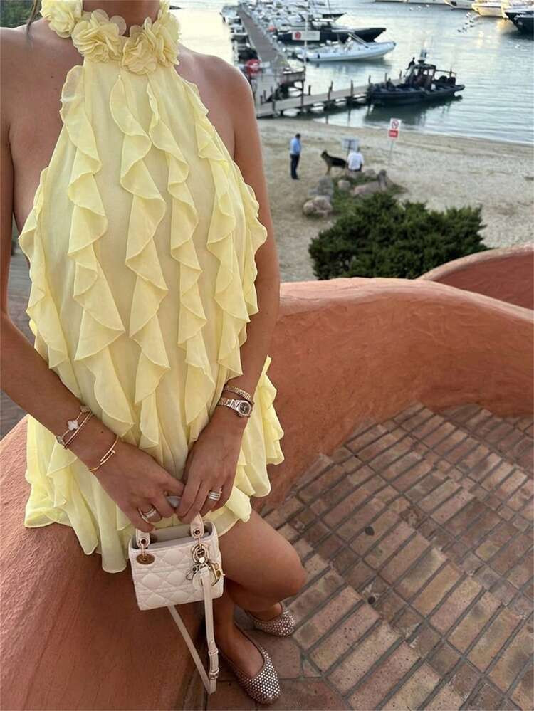 Aloruh Women's Elegant Romantic 3D Floral Decor Ruffle Trim Loose Mini Dress, Yellow Halter Dress, Yellow Dress Women ,Yellow Wedding Guest Dress, Yellow Ruffle Dress, Ruffle Halter Dress ,Summer Dresses, Elegant Party Dresses ,Beach Dresses For Women ,Graduation Dress For Women ,Elegant Dresses For Women,Summer Dresses For Women | SHEIN