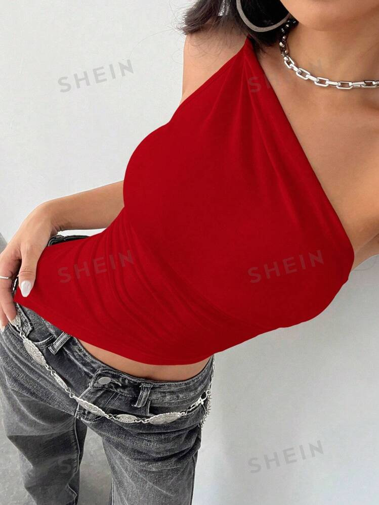 SHEIN MOOSTA Summer Fashion Solid Color One Shoulder Asymmetric Hem Top | SHEIN USA | SHEIN