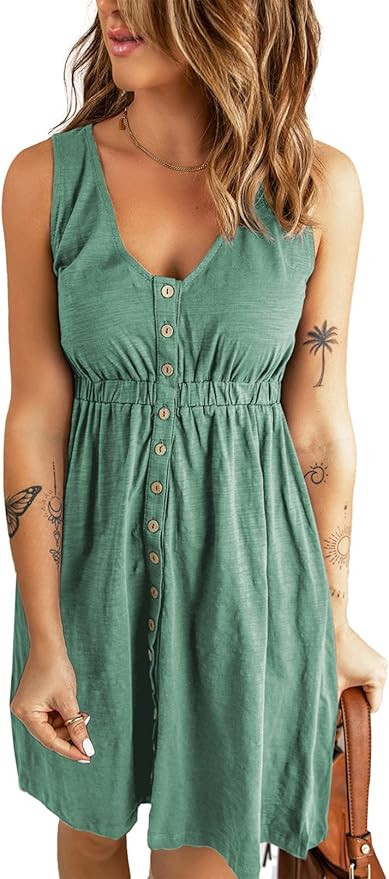 Ecrocoo Women's V Neck Sleeveless Button Down Dress Casual Summer Elastic Waist A-Line Swing Tank... | Amazon (US)