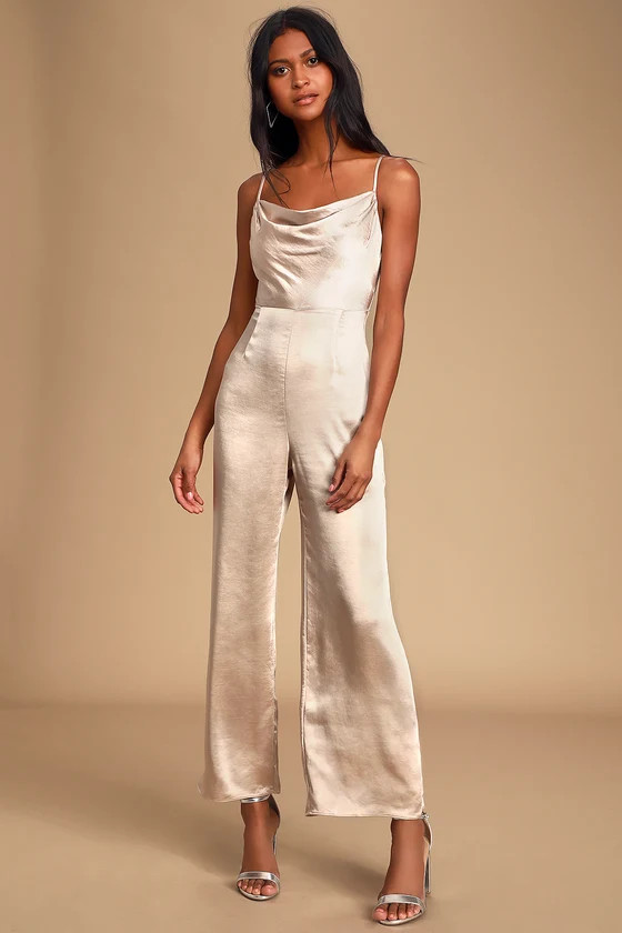 Perfect Night Champagne Satin Cowl Neck Culotte Jumpsuit | Lulus (US)
