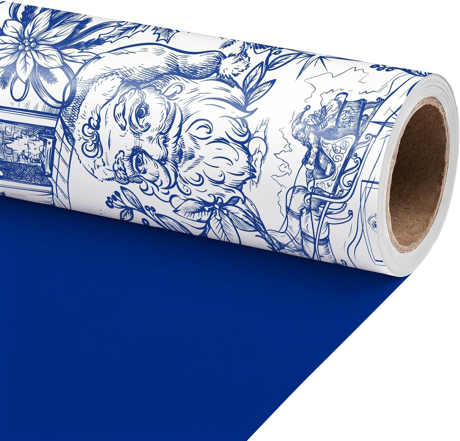 RUSPEPA Reversible Toile Christmas Wrapping Paper, Vintage Blue White Santa | Amazon (US)