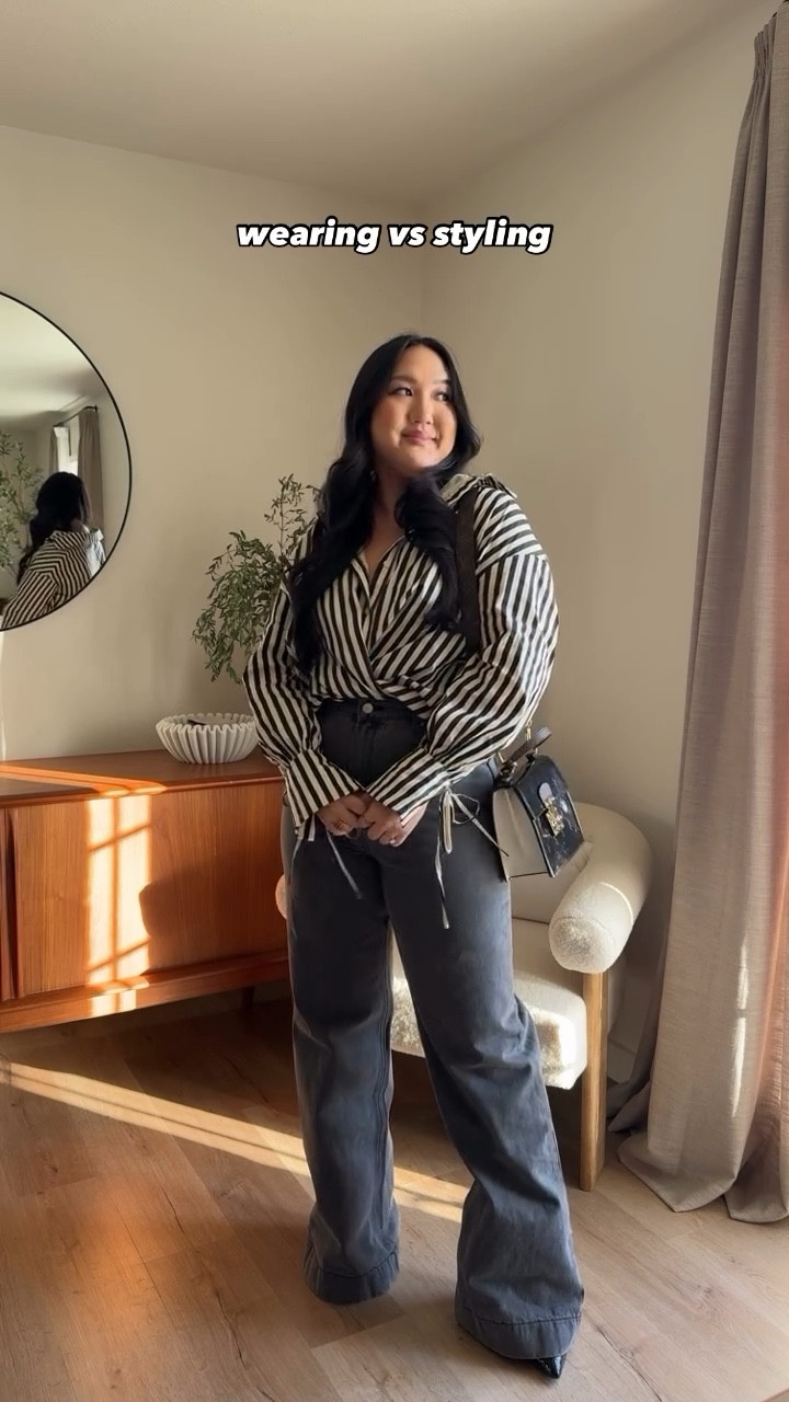 Wearing vs styling my latest @showpo pieces 🤌🏼 comment STRIPES for a dm with links! Absolutely love this look (just need to not be bloated and get the pants hemmed before wearing it out 😂) 
—

Use NICKIE50 @keekshandbags! How stunning is this neutral bag?! 🤍🖤🤎
—

Fit check, style inspo, neutral style, closet staples, neutral outfit, neutral closet, wearing versus styling, midsize fashion, mid size girl, stripe shirt, wide leg jeans, fashion girlies #fitcheck✔️ #neutraloutfit #neutralfashion #wearingvsstyling #fashiongirlie #neutraloutfitinspo
