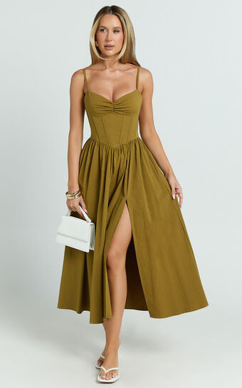 Maddie Midi Dress - Sweetheart Fit And Flare Gathered Dress in Khaki | Showpo (US, UK & Europe)