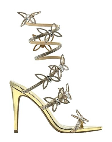 Wild Diva Women Rhinestone Butterfly Spiral Wrap Around High Heel Sandals Berlin-527 Gold Pu 8.5 | Amazon (US)