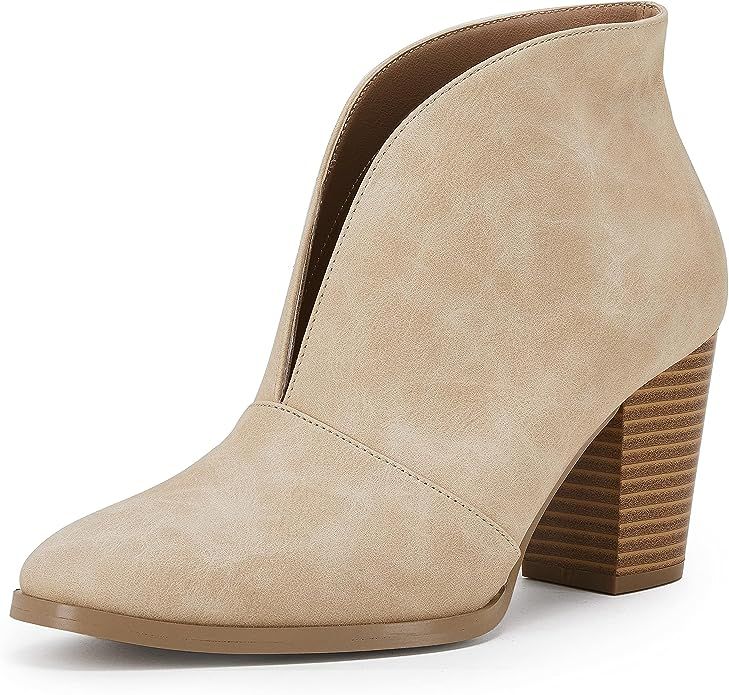 Womens V Cut Out Ankle Boots Slip On Square Toe Chunky Stacked Heel Booties | Amazon (US)