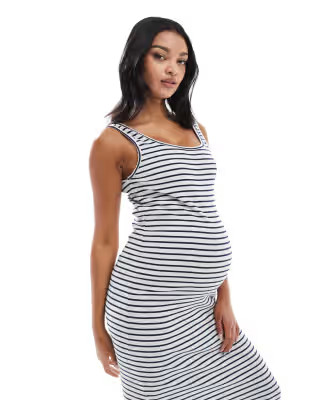 Mamalicious Maternity ribbed midi tank dress in gray and blue stripe | ASOS (Global)