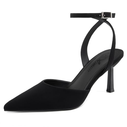 Athlefit Women's Closed Pointed Toe 3 Inch High Heels Ankle Strap Stiletto Heel Wedding Party Dress Pumps Shoes, Black Nubuck Size 11,SAPU2602W | Amazon (US)
