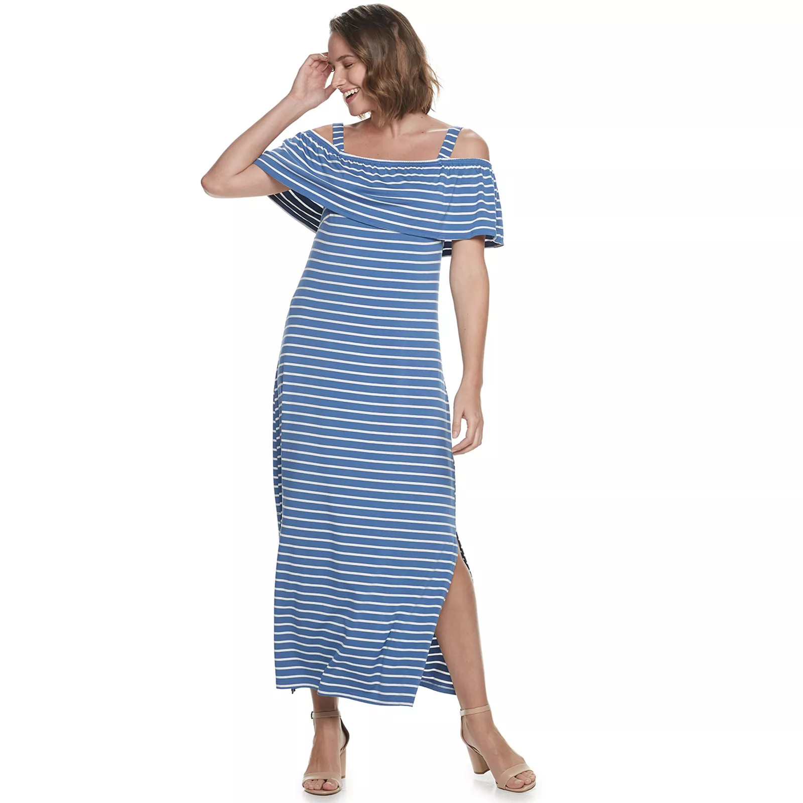 Women's Nina Leonard Popover Knit Striped Maxi Dress With Detachable Straps, Size: Medium, Blue | Kohl's