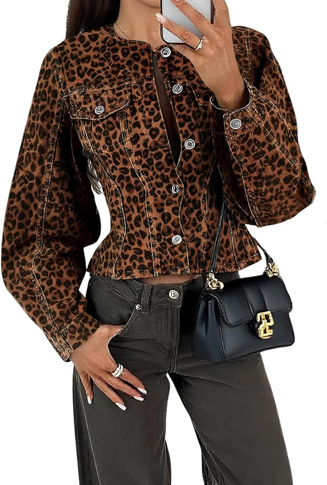 Tankaneo Womens Cropped Jean Jacket Trendy Crewneck Button Down Short Denim Jacket Y2k Slim Fit C... | Amazon (US)