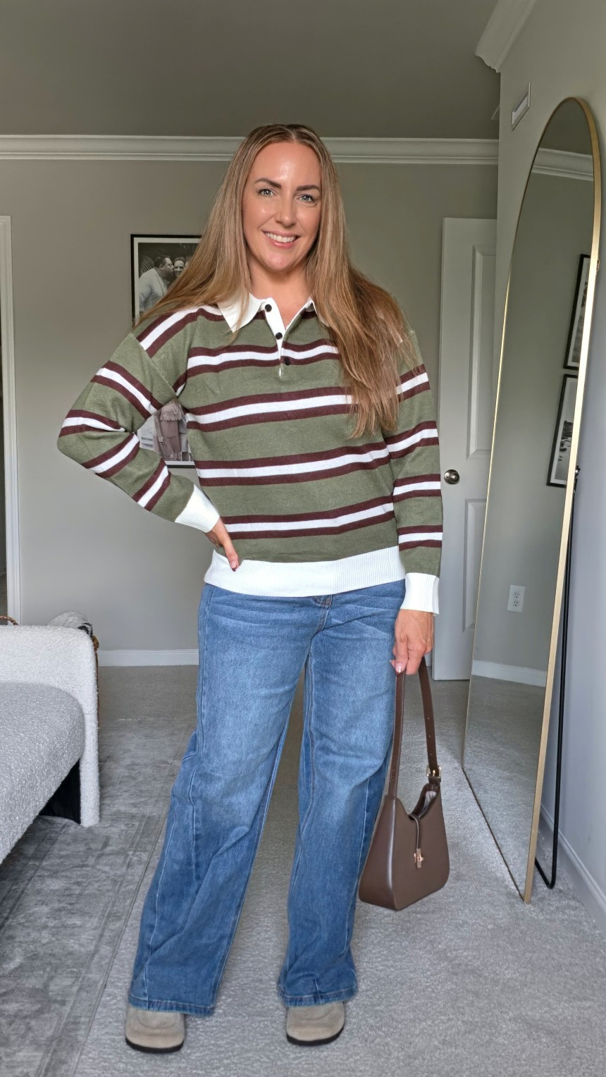 This striped polo sweater gives the perfect casual, sporty vibe for everyday styling. Pair it with relaxed wide-leg denim and clogs for an easy fall outfit.#everydaystyle #fallfashion #casualoutfit #polosweater

#LTKSeasonal #LTKOver40 #LTKootd