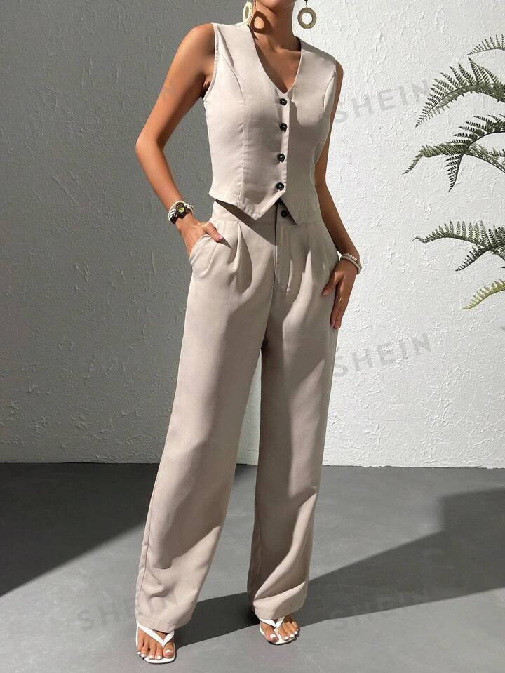 SHEIN Privé Solid Button Front Vest Blazer & Wide Leg Pants | SHEIN