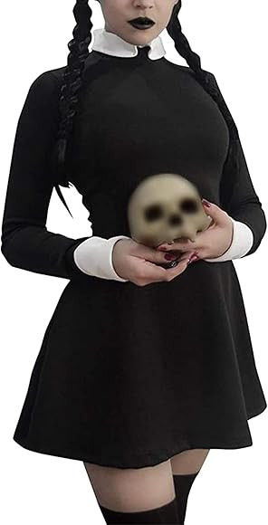 YAOHUOLE Halloween Addams Family Costumes Long Sleeve Casual Peter Pan Collar Flare Dress S-2XL | Amazon (UK)