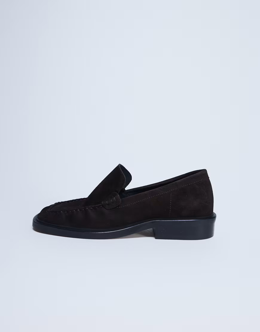 Topshop Premium Clover real suede loafers with ruched detail in chocolate-Brown | ASOS (Global)