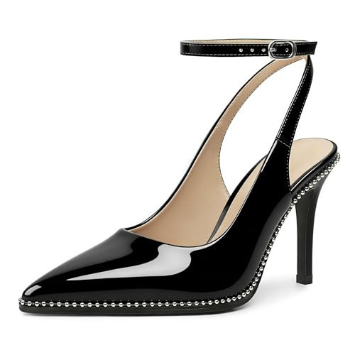 Soireelady Black Ankle Strap Heels Beaded Slingback Pumps Pointed Toe Black Pumps Stilettos 3.5 Inches US Size 8 | Amazon (US)
