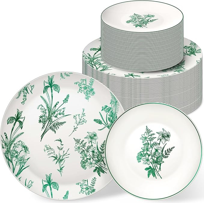 50 Pcs Plastic Plates Set for 25 Guests Shiny Design Vintage Floral Plastic Plates 20 x 8 Inch De... | Amazon (US)
