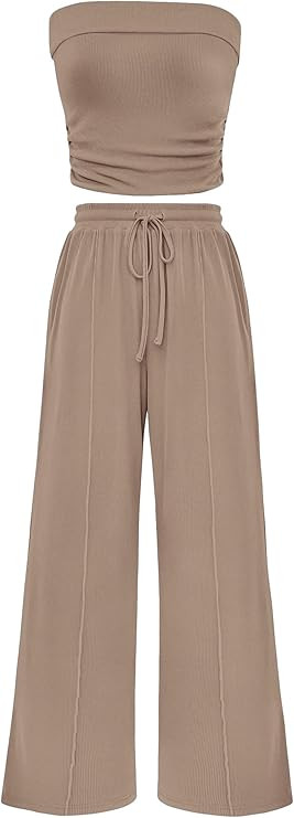 PRETTYGARDEN Womens Summer Outfits 2 Piece Sets Casual Ribbed Knit Crop Tube Top Wide Leg Pants S... | Amazon (US)