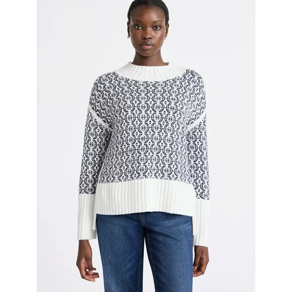 Free Assembly Women's Patterned Mock Neck Sweater with Tall Cuffs, Midweight, Sizes XS-XXL | Walmart (US)