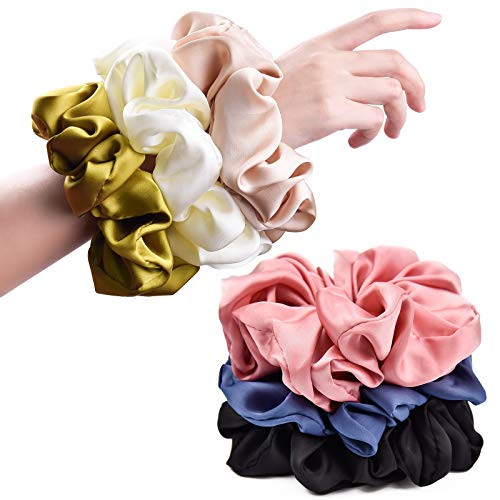 CEELGON Big Real Silk Scrunchies for Women 6.3Inches Large Scrunchie Satin Oversized Silk Thick Elastic Hair Ties Jumbo Hair Scrunchies 6 Pack (Black,White,Pink, Champagne,Navy,Yellow) | Amazon (US)