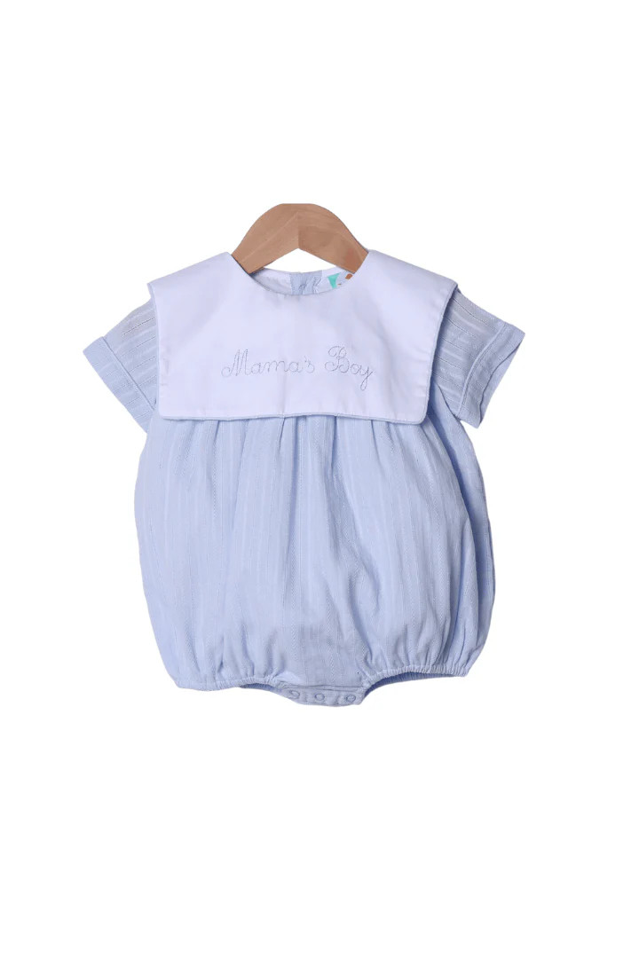 Hand Embroidered Mama's Boy Linen Bubble | The Smocked Flamingo