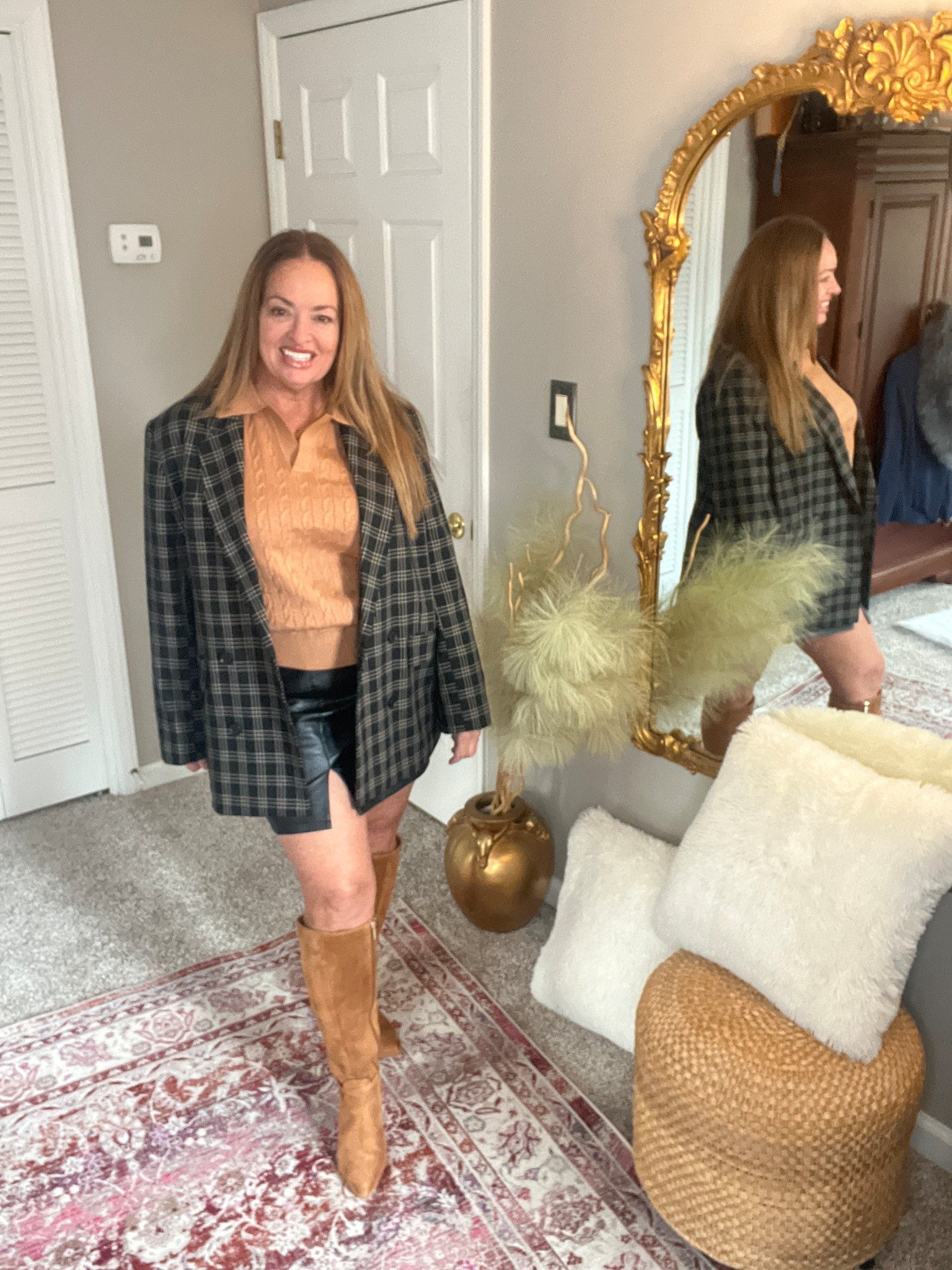 Preppy polo knit sweater in nutmeg. Styled with black .

#LTKMidsize #LTKSeasonal #LTKootd