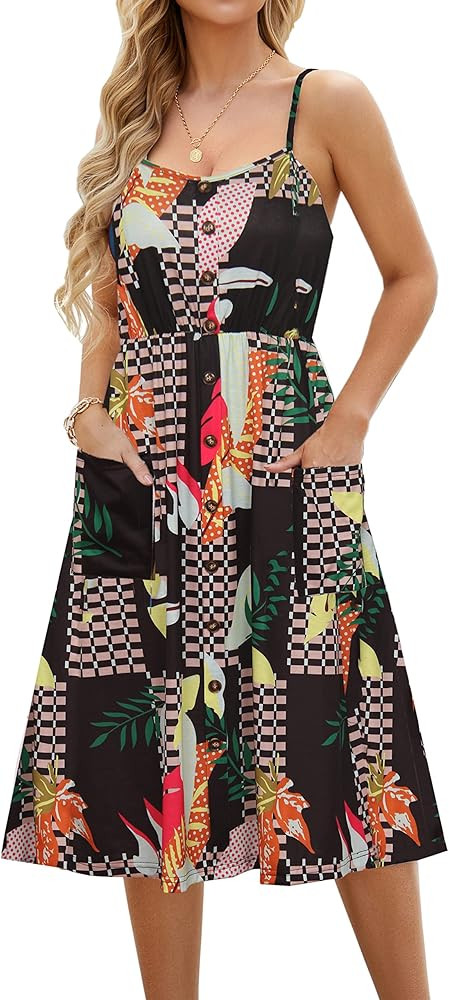 Summer Casual Dresses for Women with Pockets Beach Floral Spaghetti Strap Swing Dress | Amazon (US)